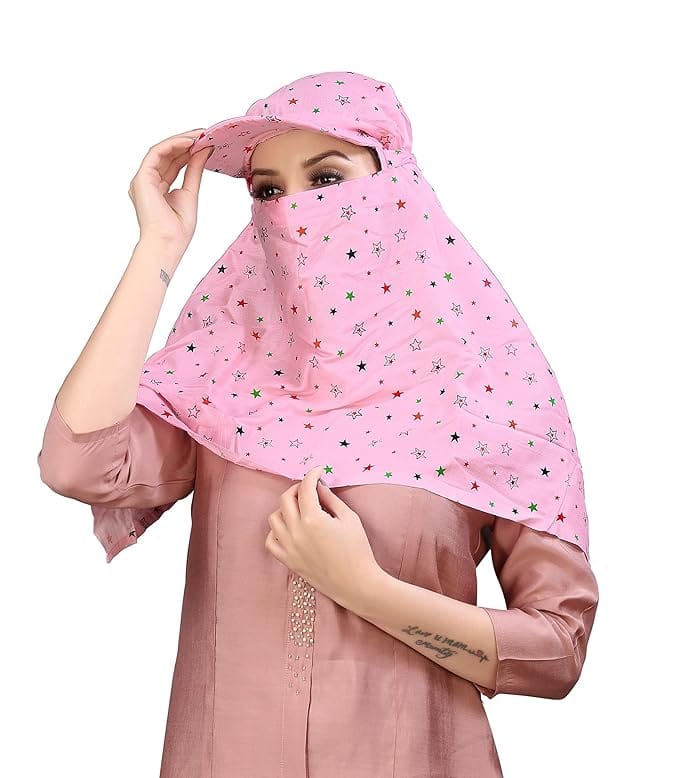 2-in-1 Scarf Face Mask | Cap For Women Hat Sun Protection Masks Pink (Star) 2-in-1 Scarf Face Mask