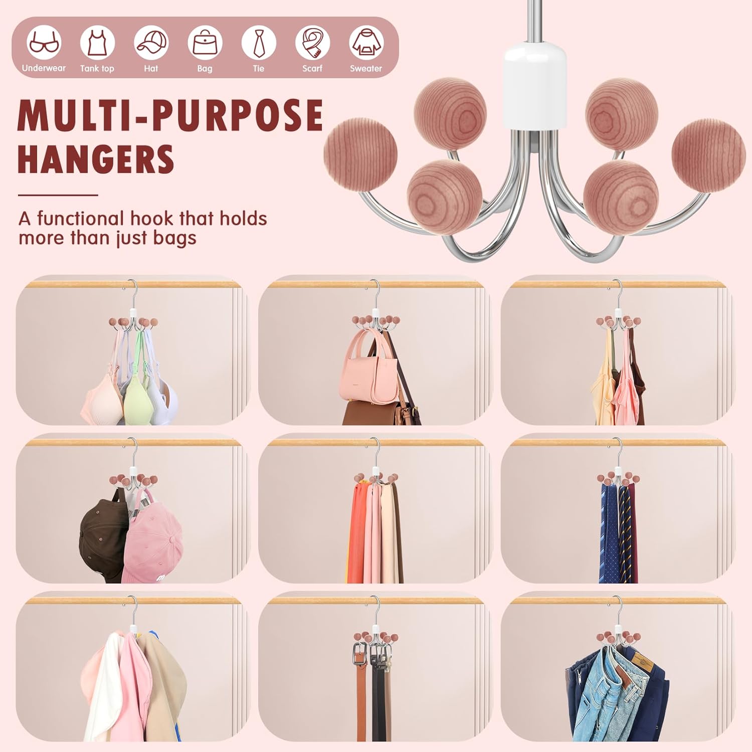 360° Swivel Hoodie & Purse Organizer (Pack of 2) | Purse Organizer Wood Hanger Plastic Hooks Wardrobe Hangers - Peach - 360° Swivel Hoodie & Purse Organizer (Pack of 2)