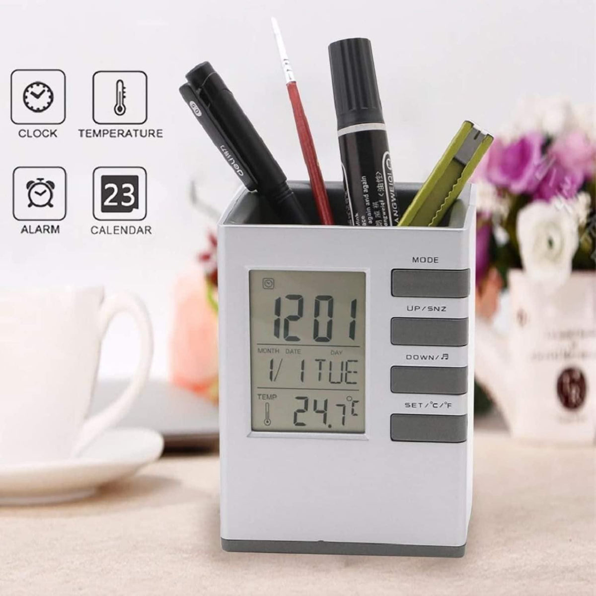 Digital Alarm Clock With Pen Holder | Pen Stand Desk Oranizer Holder Office Accessories For Office Digital Alarm Clock With Pen Holder