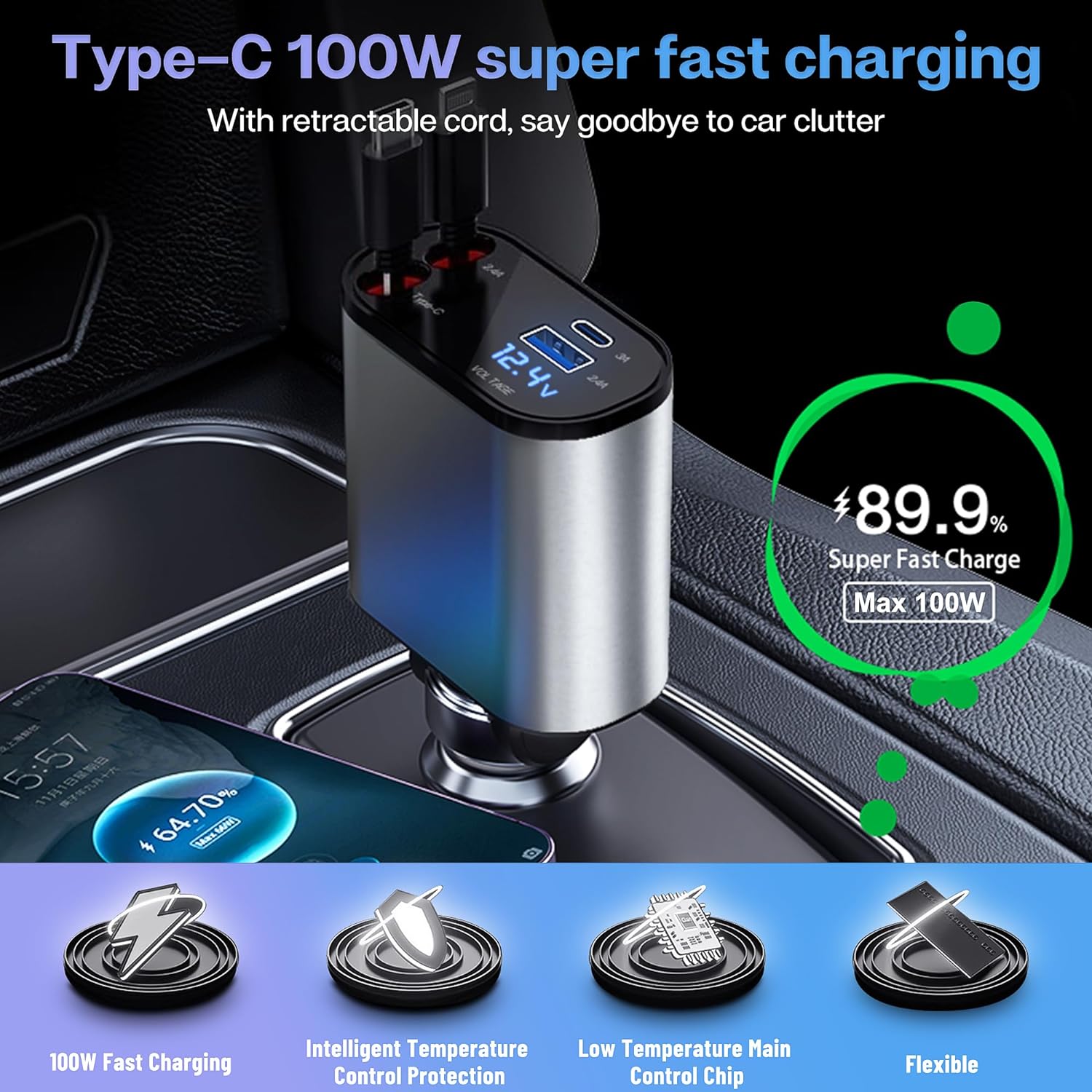 Retractable Car Charger | Car Charger Type C Usb Charger Adapter Automobile Charger For Car Accessory Retractable Car Charger