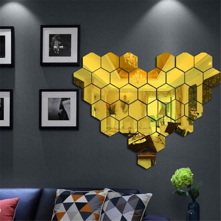 Mirror wall stickers for living room 3d hexagon mirror - 3D Hexagon Mirror Stickers (Golden 12 pcs) 3D Hexagon Mirror Stickers (Golden 12 pcs)