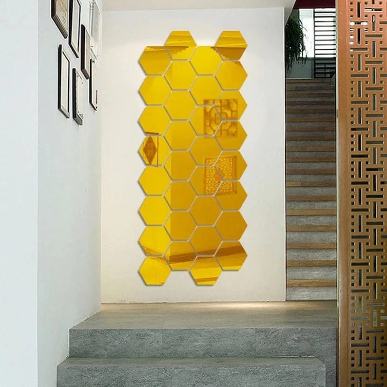Mirror wall stickers for living room 3d hexagon mirror - 3D Hexagon Mirror Stickers (Golden 12 pcs) 3D Hexagon Mirror Stickers (Golden 12 pcs)