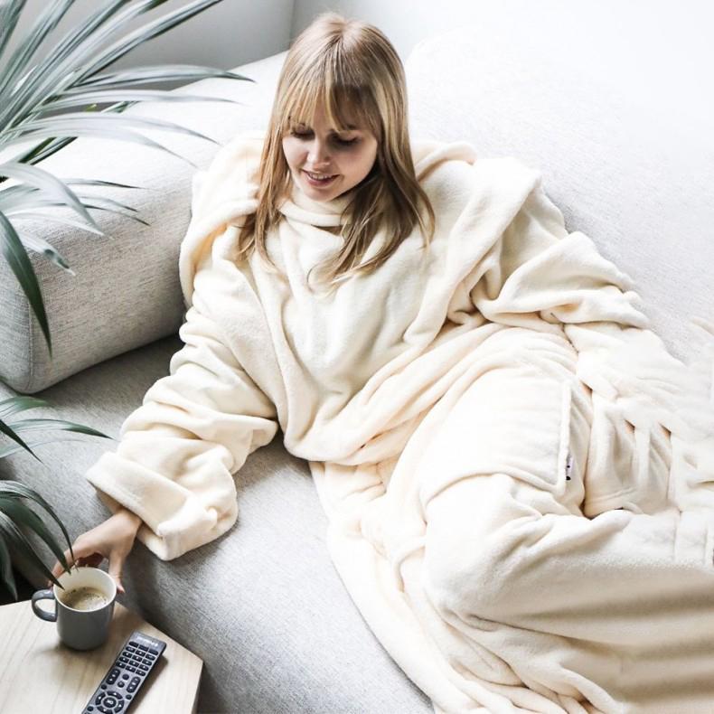 Wearable Blanket with Sleeves Body Wrap Blanket for Adults Cream Wearable Blanket With Sleeves