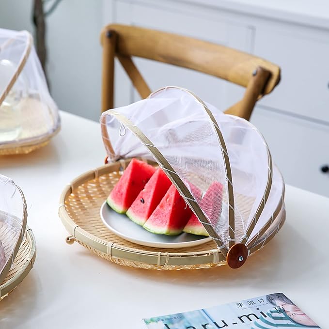 Bamboo Basket with Mesh Cover | Bamboo Basket Kitchen Storage Containers For Vegetables Eco Friendly - Pack of 1 - Bamboo Basket with Mesh Cover