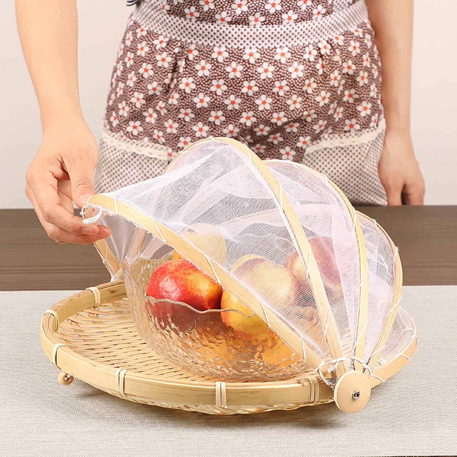 Bamboo Basket with Mesh Cover | Bamboo Basket Kitchen Storage Containers For Vegetables Eco Friendly - Pack of 1 - Bamboo Basket with Mesh Cover