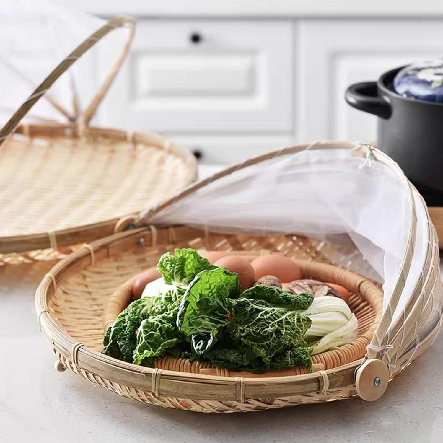 Bamboo Basket with Mesh Cover | Bamboo Basket Kitchen Storage Containers For Vegetables Eco Friendly - Pack of 1 - Bamboo Basket with Mesh Cover