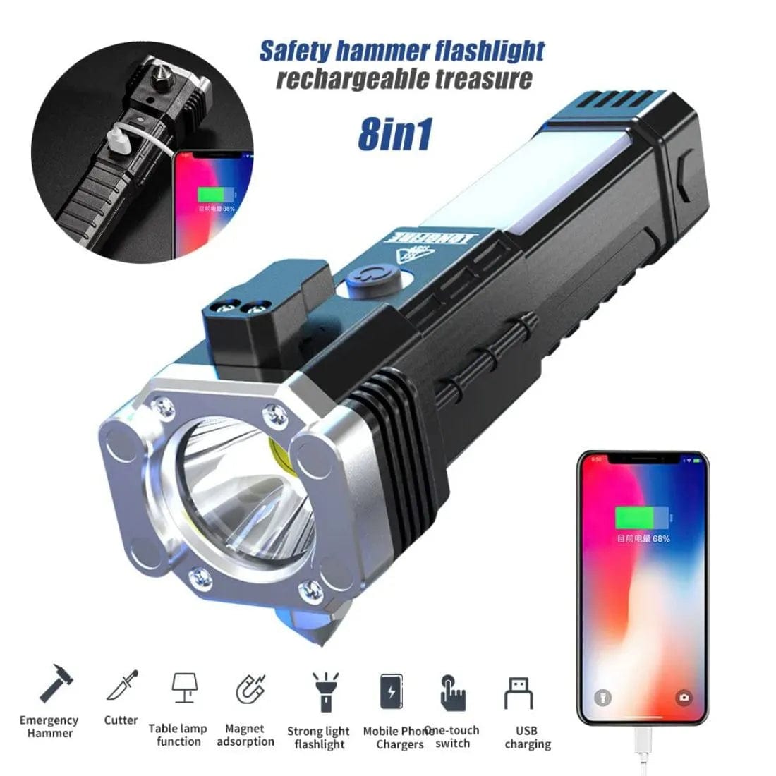 Emergency LED Flashlights With Power Bank And Safety Hammer | Torch Light Emergency Rechargeable Flash Charging Led Light Emergency LED Flashlights With Power Bank And Safety Hammer