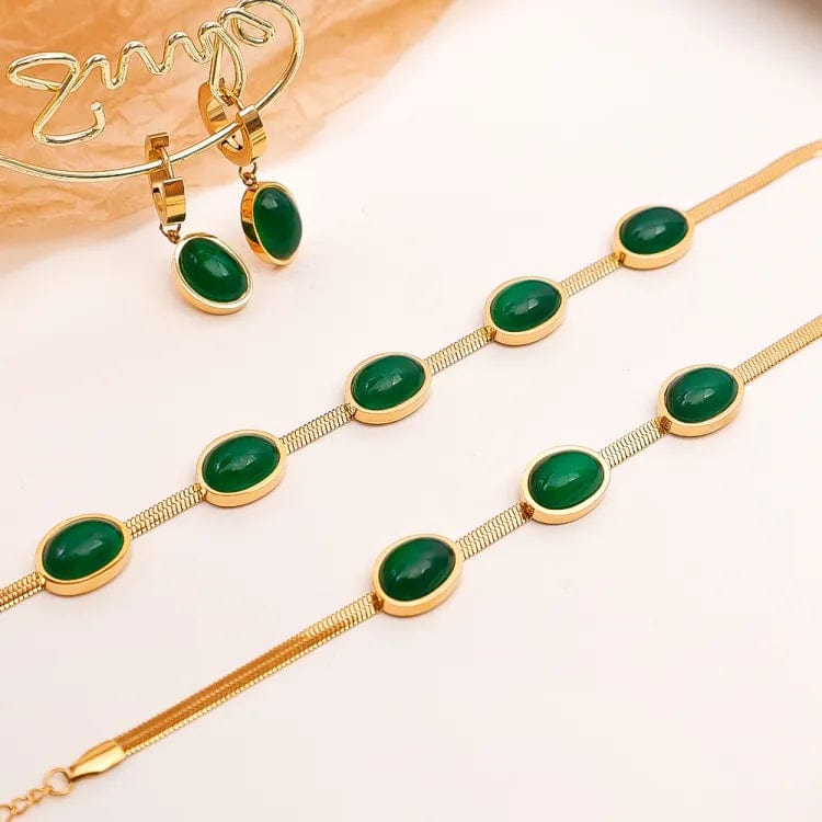 Necklace Set Pendant Long Stone Silver Necklace Oval Green Set with Bracelet Oval Green Crystal Pendant Necklace Set with Bracelet