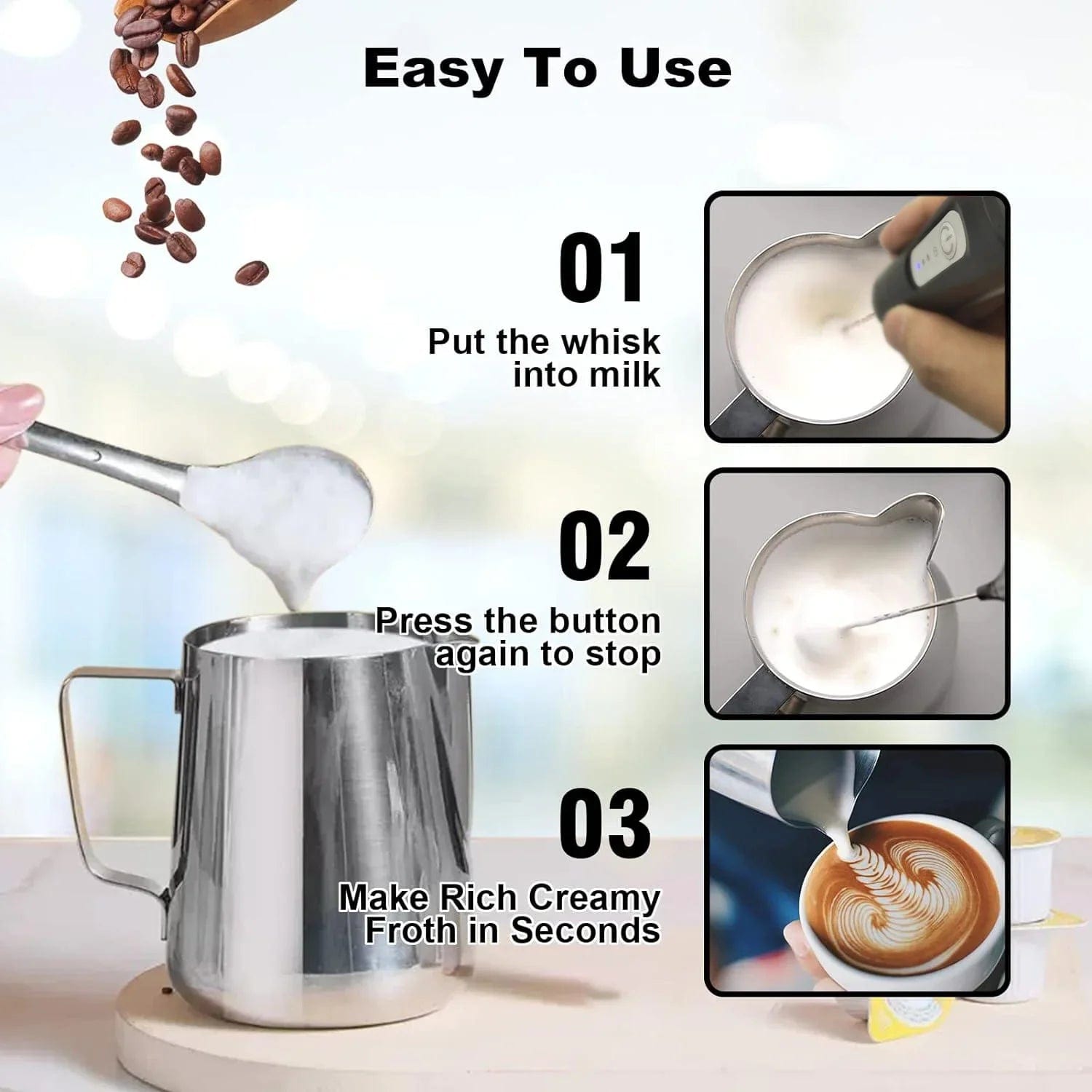 Rechargeable Milk & Coffee Frother Blender Milk Frothing Electric Coffee Whisk Mixer Rechargeable Milk & Coffee Frother