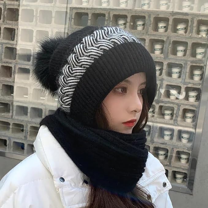 Scarf Cap for Women | Winter Cap Scarf Ear Protection Chritsmas Caps Muffler - Black - 2-in-1 Winter Hat And Scarf Scarf Cap for Women