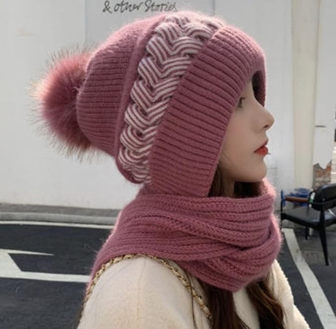 Scarf Cap for Women | Winter Cap Scarf Ear Protection Chritsmas Caps Muffler - Black - 2-in-1 Winter Hat And Scarf Scarf Cap for Women