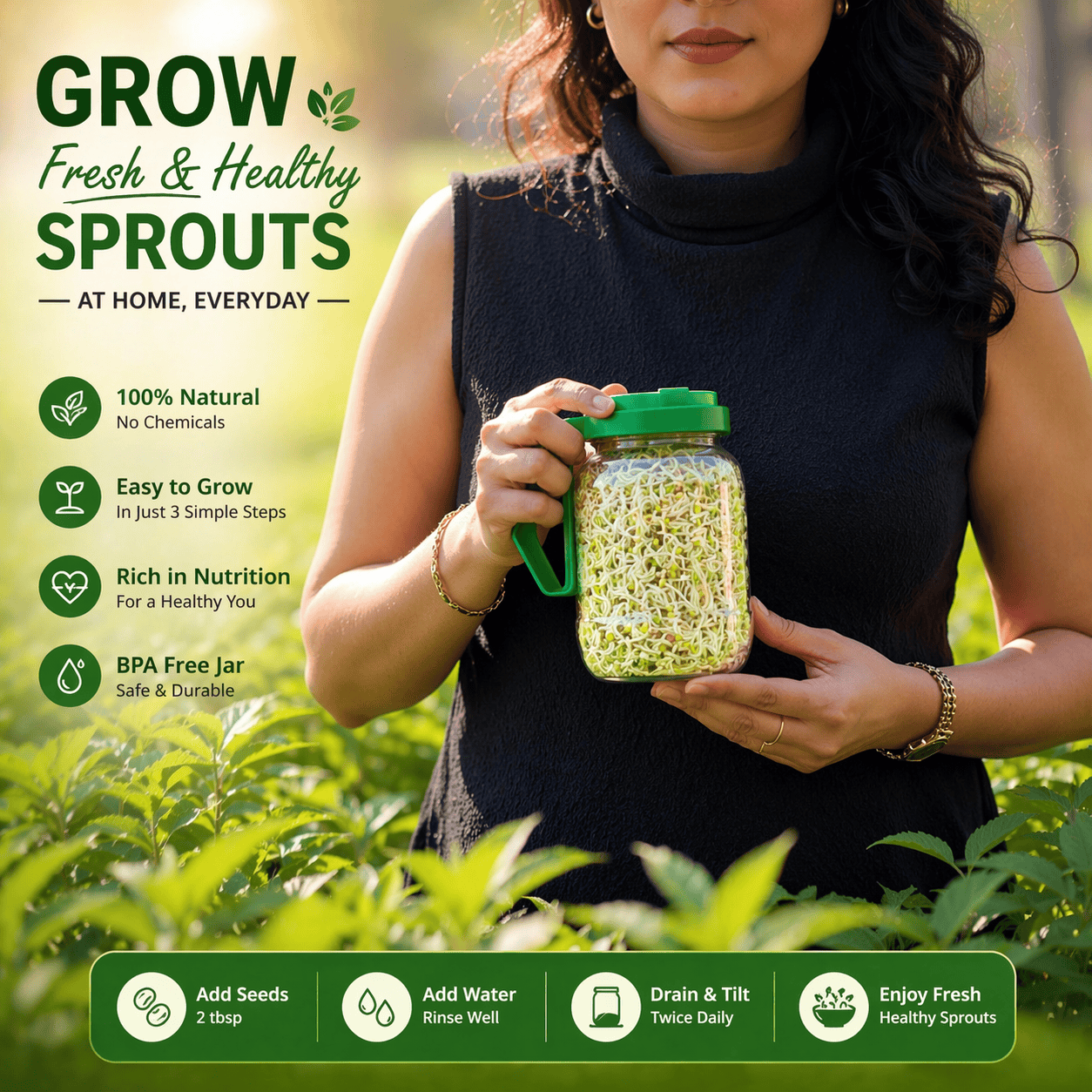 Sprouts Maker Glass Jar | Sprouting Seeds Draining Water Vegetable Moong Dal Sprouts Making Jar Sprouts Maker Glass Jar
