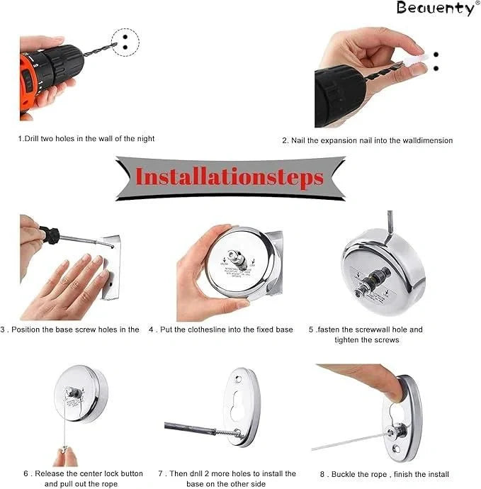 Stainless Steel Retractable Clothesline | Cloth Drying Stand For Balcony Clothesline Lundry Rack Hanger Rope - Stainless Steel Retractable Clothesline