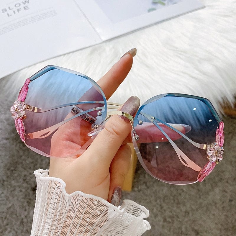 Blue Lens Sunglasses Stylish New Pink Style Sunglasses Metal Frame (Buy 1 Get 1 Free) Rainbow Crystal Sunglasses (Buy 1 Get 1 Free)